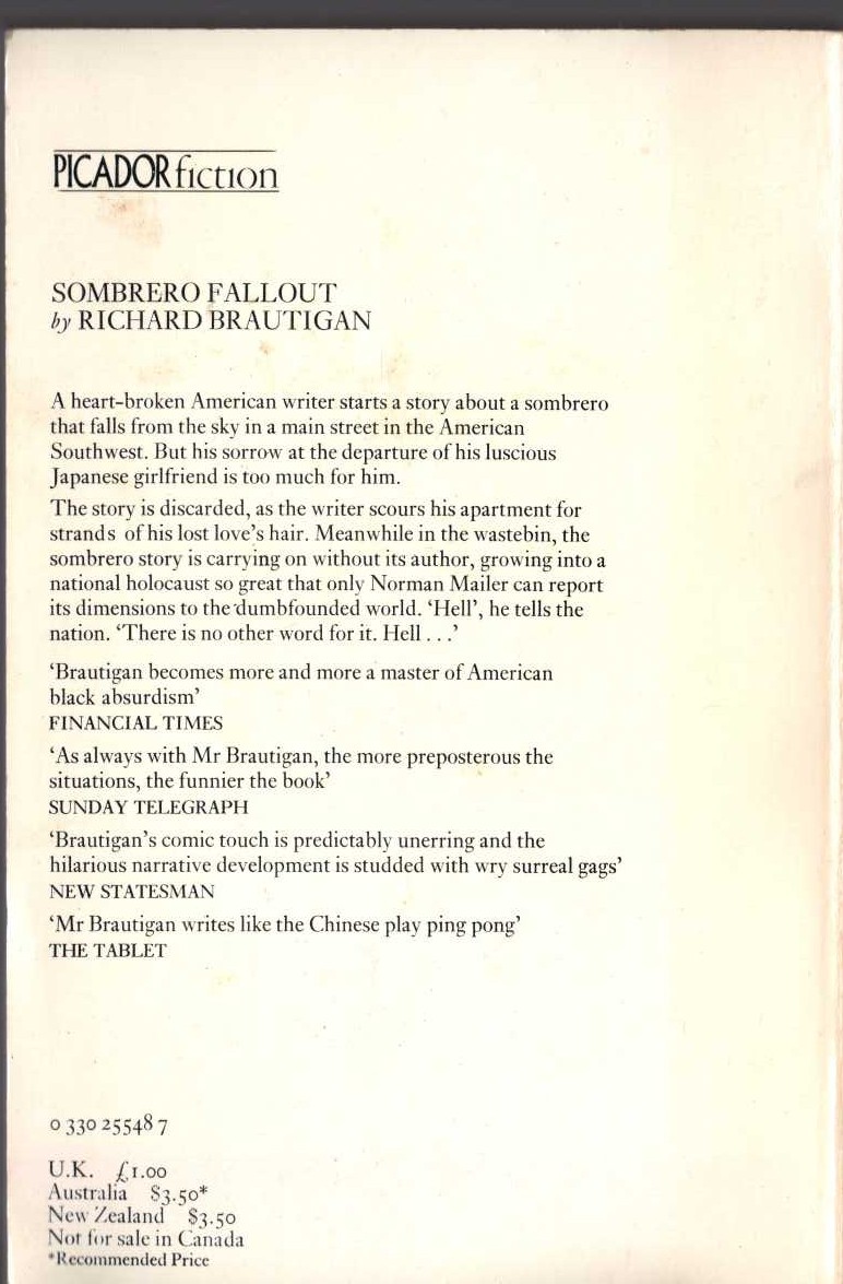 Richard Brautigan  SOMBRERO FALLOUT magnified rear book cover image