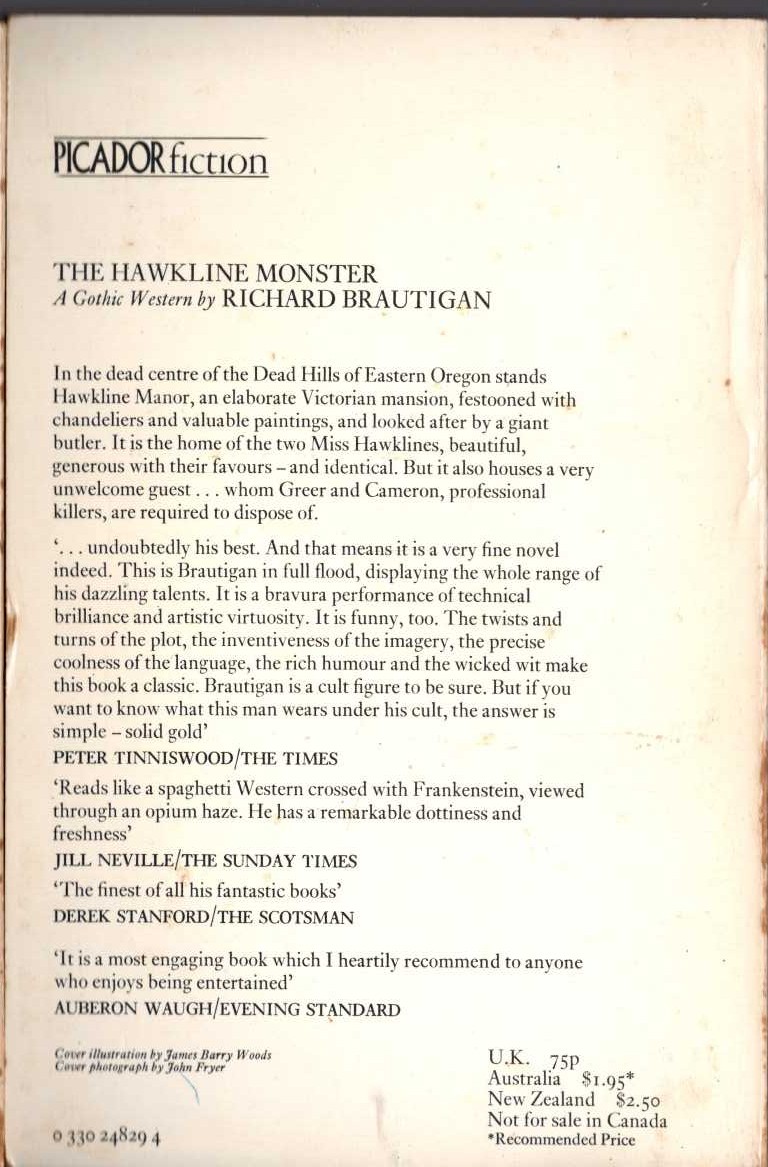 Richard Brautigan  THE HAWKLINE MONSTER. A Gothic Western magnified rear book cover image