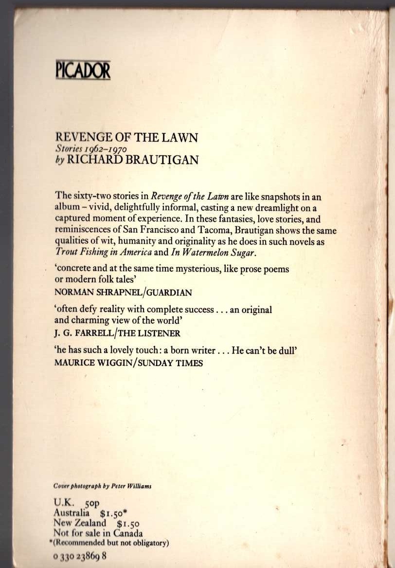 Richard Brautigan  REVENGE OF THE LAWN magnified rear book cover image