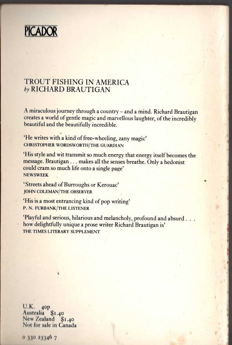 Richard Brautigan  TROUT FISHING IN AMERICA magnified rear book cover image