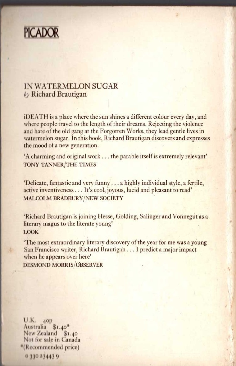 Richard Brautigan  IN WATERMELON SUGAR magnified rear book cover image