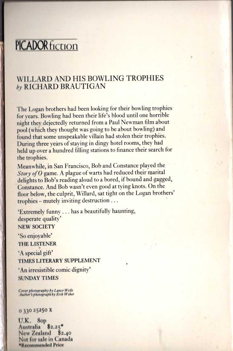 Richard Brautigan  WILLARD AND HIS BOWLING TROPHIES magnified rear book cover image