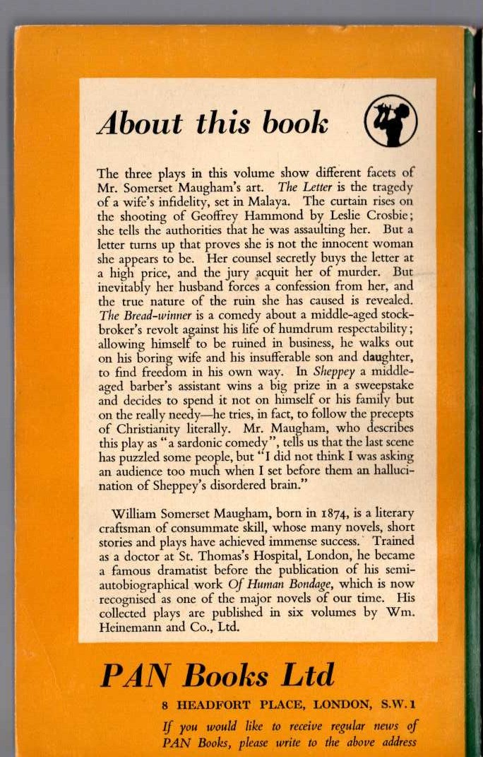 W.Somerset Maugham  THE LETTER with two other plays: THE BREADWINNER and SHEPPEY magnified rear book cover image