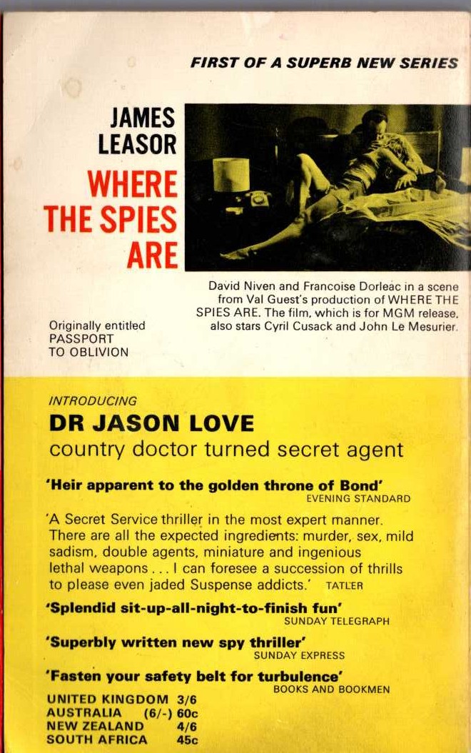 James Leasor  WHERE THE SPIES ARE (Film tie-in) [PASSPORT TO OBLIVION] magnified rear book cover image