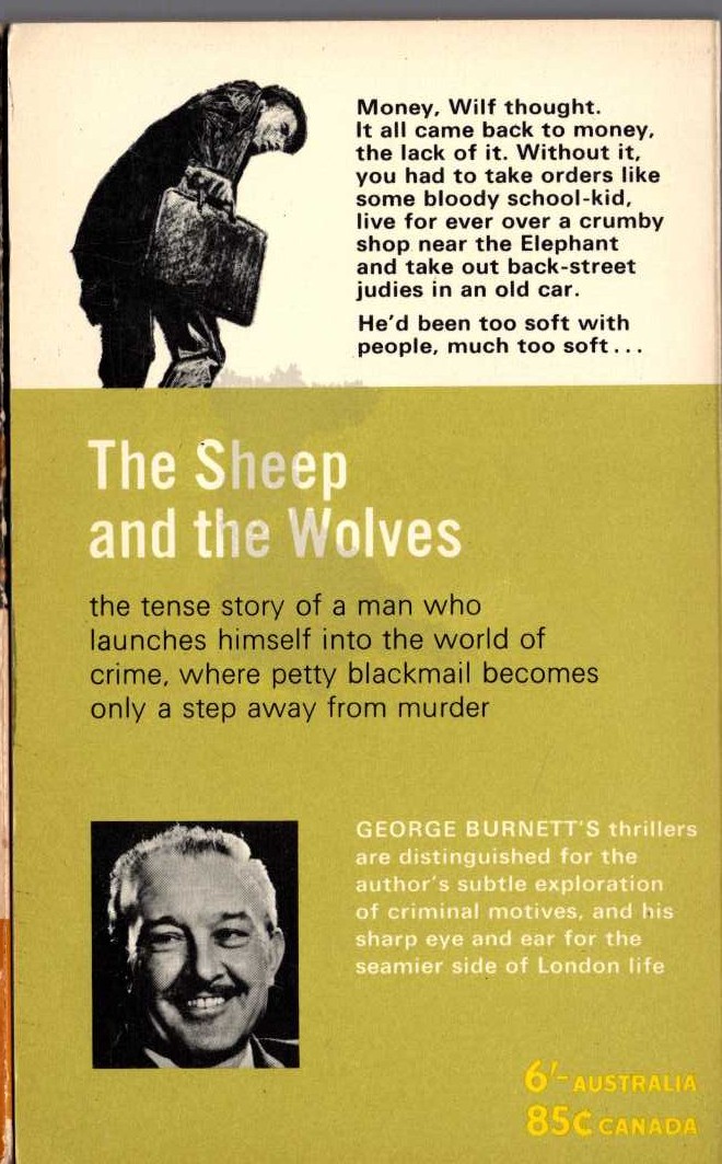 George Burnett  THE SHEEP AND THE WOLVES magnified rear book cover image