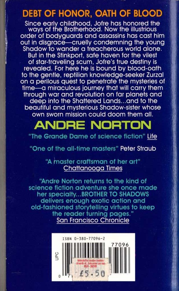 Andre Norton  BROTHER TO SHADOWS magnified rear book cover image