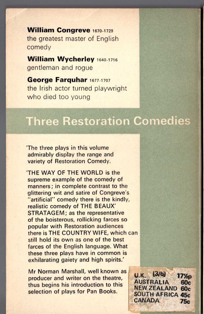 Norman Marshall (edits) THREE RESTORATION COMEDIES: THE BEAUX' STRATAGEM/ THE WAY OF THE WORLD/ THE COUNTRY WIFE magnified rear book cover image