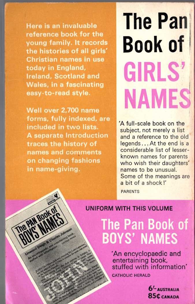THE PAN BOOK OF GIRL'S NAMES magnified rear book cover image