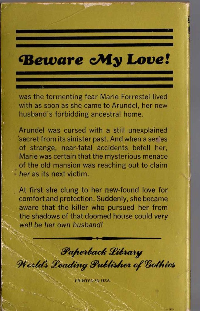 Marilyn Ross  BEWARE MY LOVE magnified rear book cover image