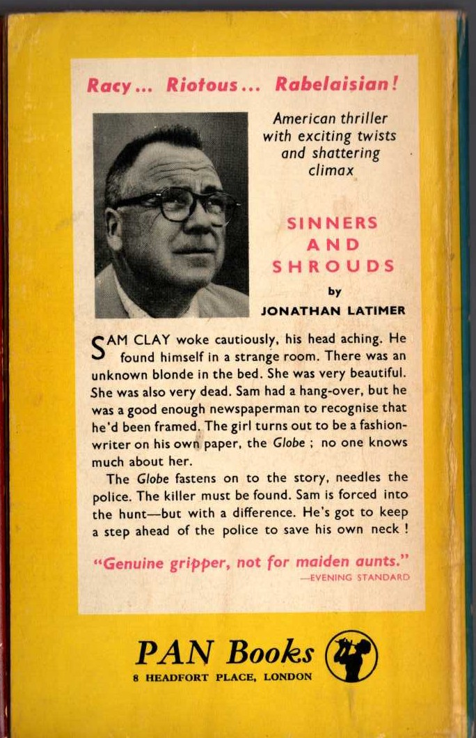 Jonathan Latimer  SINNERS AND SHROUDS magnified rear book cover image