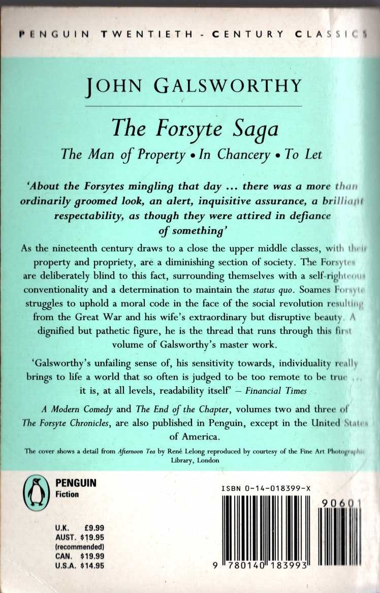 John Galsworthy  THE FORSYTE SAGA, Volume 1: THE MAN OF PROPERTY/ IN CHANCERY/ TO LET magnified rear book cover image