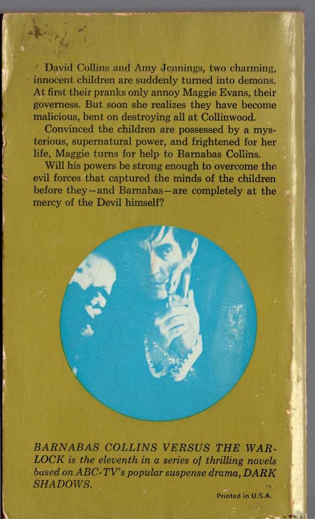 Marilyn Ross  BARNABAS COLLINS VERSUS THE WARLOCK magnified rear book cover image