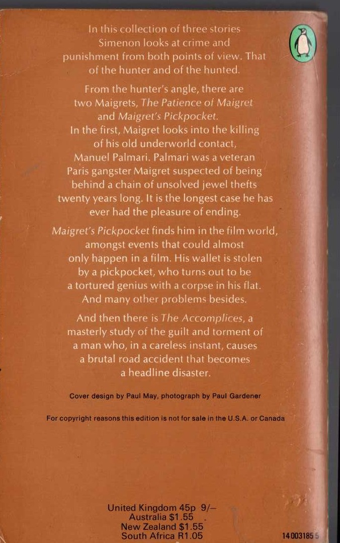Georges Simenon  THE SECOND SIMENON OMNIBUS: THE ACCOMPLICES/ MAIGRET'S PICKPOCKET/ THE PATIENCE OF MAIGRET magnified rear book cover image