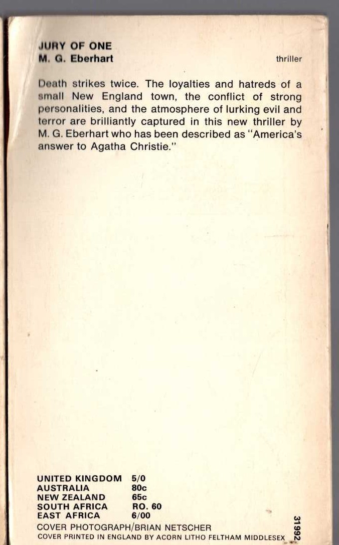 Mignon G. Eberhart  JURY OF ONE magnified rear book cover image
