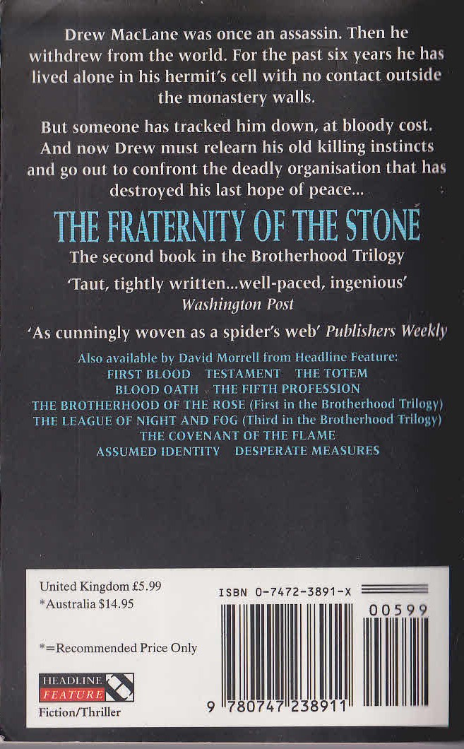 David Morrell  THE FRATERNITY OF THE STONE magnified rear book cover image