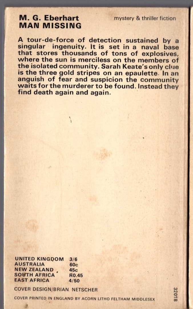 Mignon G. Eberhart  MAN MISSING magnified rear book cover image
