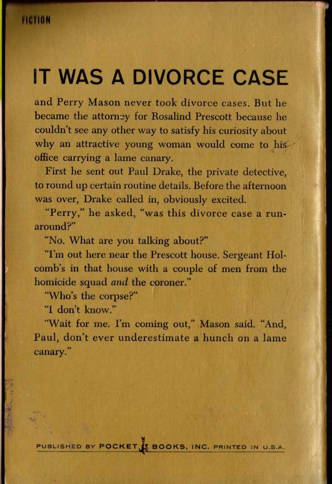 Erle Stanley Gardner  THE CASE OF THE LAME CANARY magnified rear book cover image