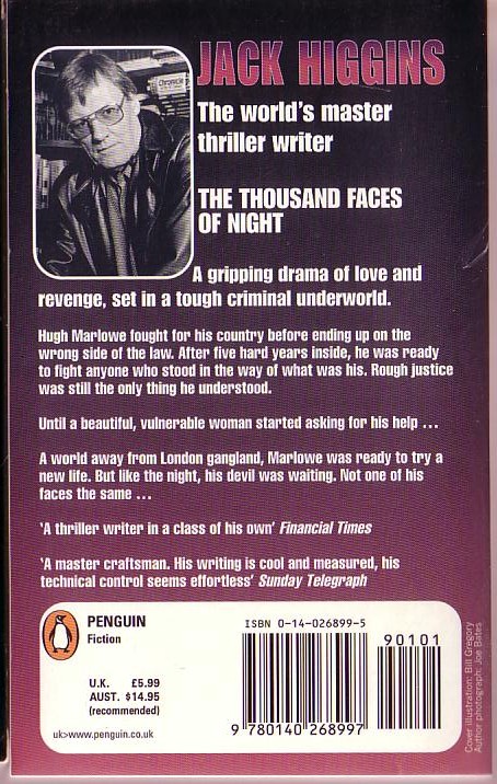 Jack Higgins  THE THOUSAND FACES OF NIGHT magnified rear book cover image