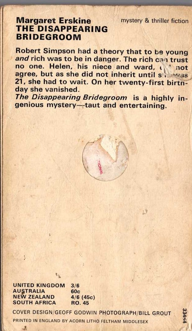 Margaret Erskine  THE DISAPPEARING BRIDEGROOM magnified rear book cover image
