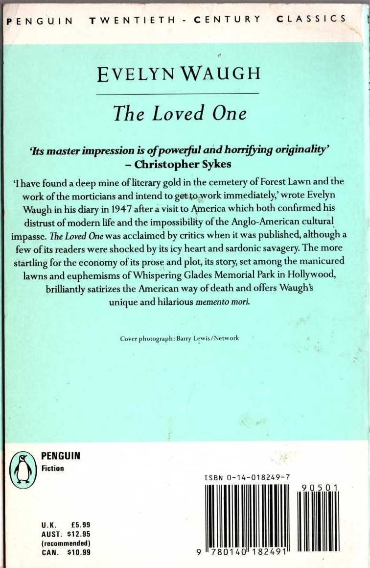 Evelyn Waugh  THE LOVED ONE magnified rear book cover image