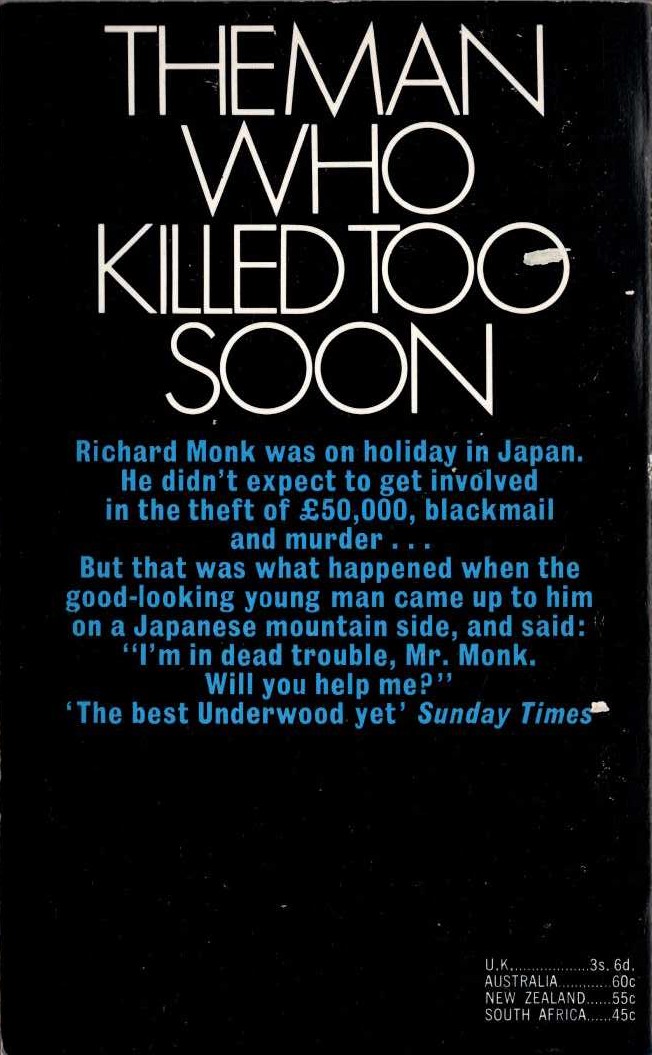 Michael Underwood  THE MAN WHO KILLED TOO SOON magnified rear book cover image