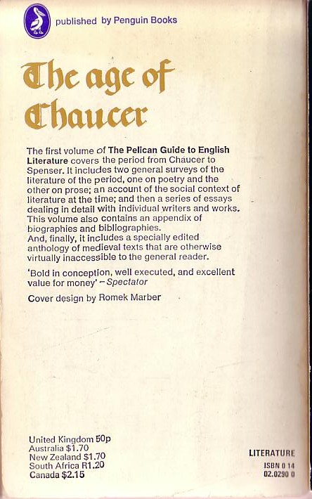 Boris Ford (edits) THE PELICAN GUIDE TO ENGLISH LITERATURE (1): THE AGE OF CHAUCER magnified rear book cover image