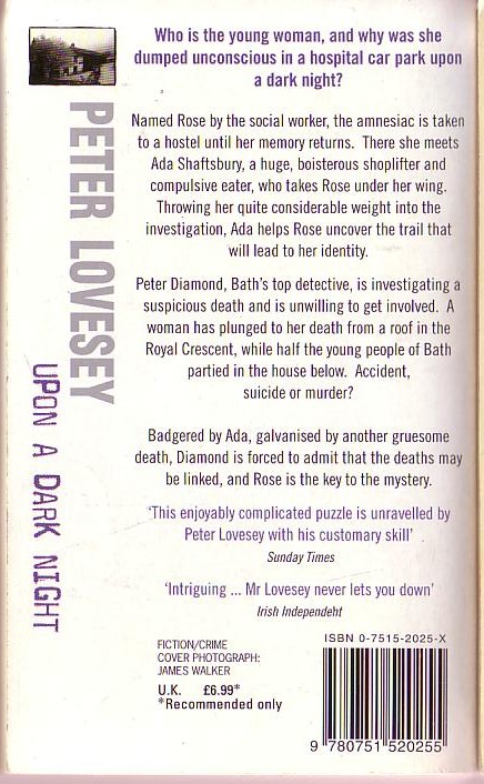 Peter Lovesey  UPON A DARK NIGHT magnified rear book cover image