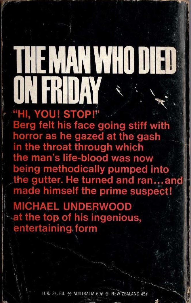 Michael Underwood  THE MAN WHO DIED ON FRIDAY magnified rear book cover image