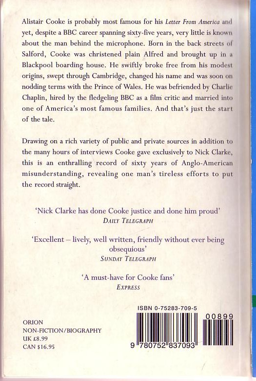 Nick Clarke  ALISTAIR COOKE. The Biography magnified rear book cover image