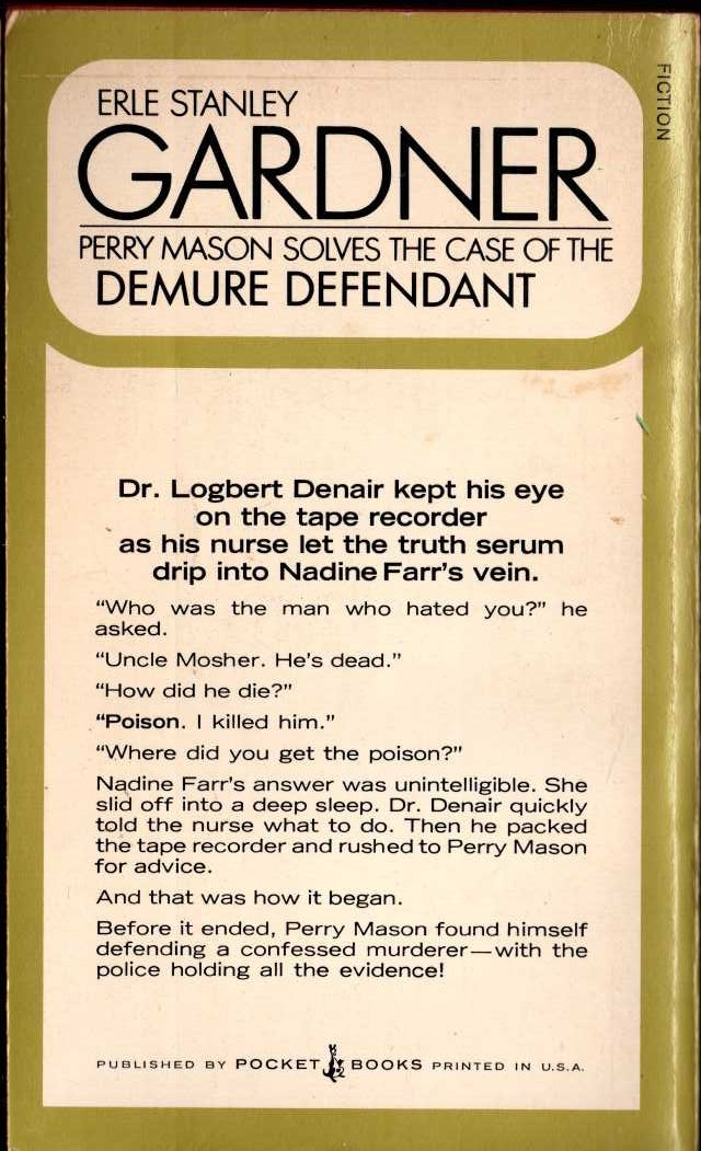 Erle Stanley Gardner  THE CASE OF THE DEMURE DEFENDANT magnified rear book cover image