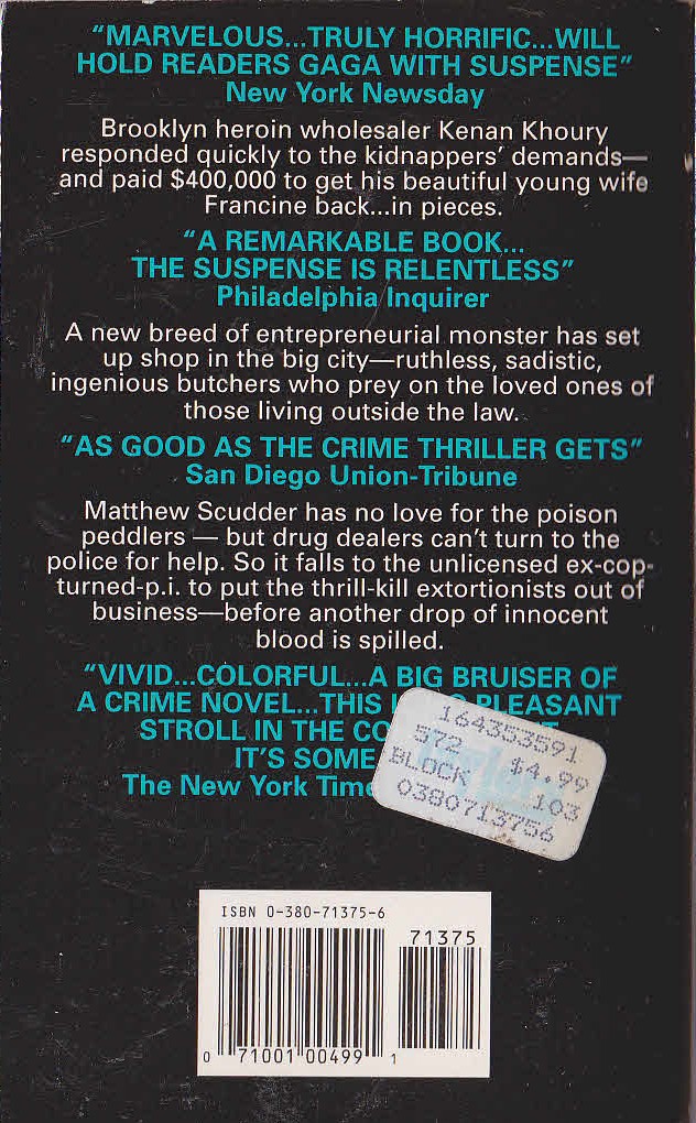 Lawrence Block  A WALK AMONG THE TOMBSTONES magnified rear book cover image
