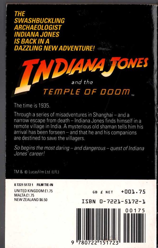 James Kahn  INDIANA JONES AND THE TEMPLE OF DOOM magnified rear book cover image
