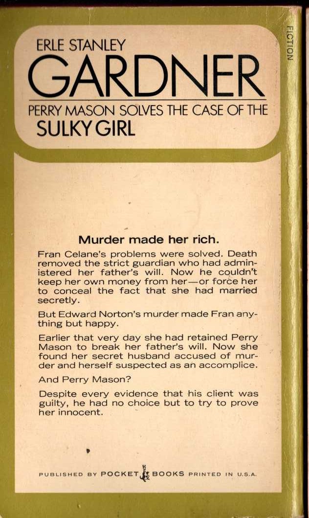 Erle Stanley Gardner  THE CASE OF THE SULKY GIRL magnified rear book cover image