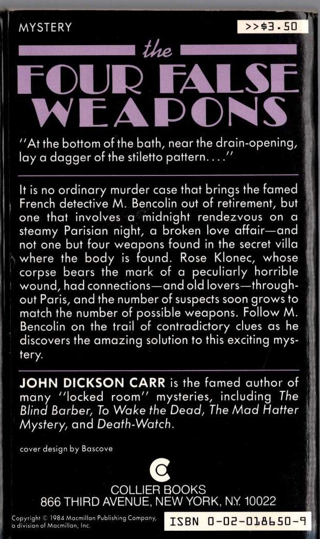 John Dickson Carr  THE FOUR FALSE WEAPONS magnified rear book cover image