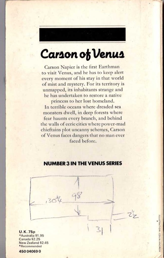 Edgar Rice Burroughs  CARSON OF VENUS magnified rear book cover image