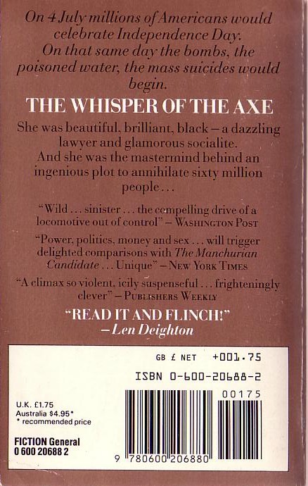 Richard Condon  THE WHISPER OF THE AXE magnified rear book cover image