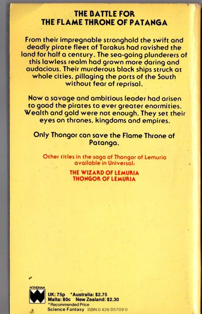 Lin Carter  THONGOR FIGHTS THE PIRATES OF TARAKUS magnified rear book cover image