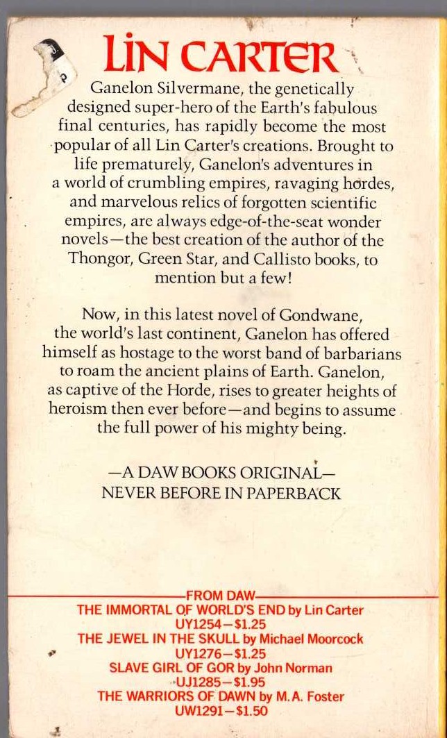 Lin Carter  THE BARBARIAN OF WORLD'S END magnified rear book cover image