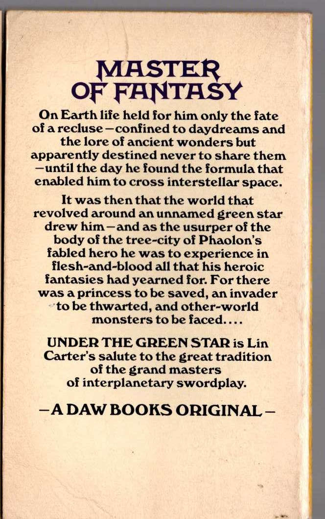 Lin Carter  UNDER THE GREEN STAR magnified rear book cover image