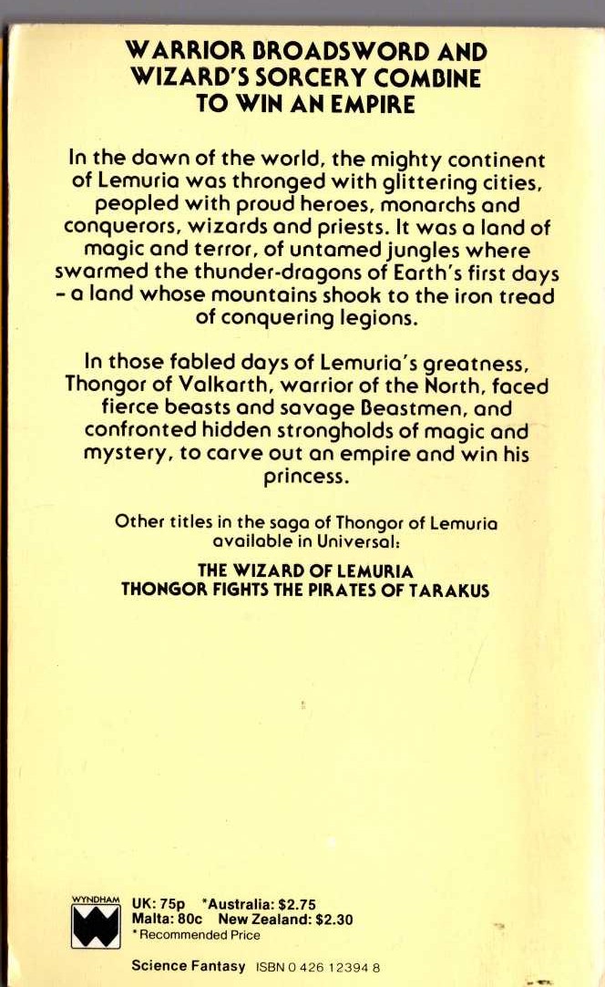 Lin Carter  THONGOR OF LEMURIA magnified rear book cover image