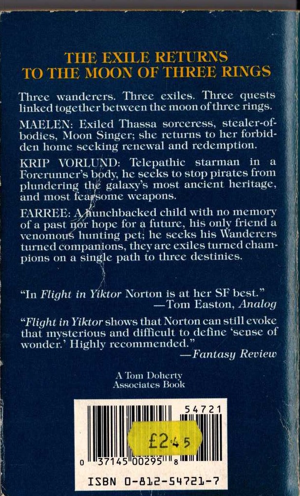 Andre Norton  FLIGHT IN YIKTOR magnified rear book cover image