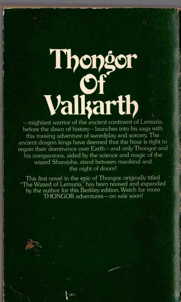 Lin Carter  THONGOR AND THE WIZARD OF LEMURIA magnified rear book cover image