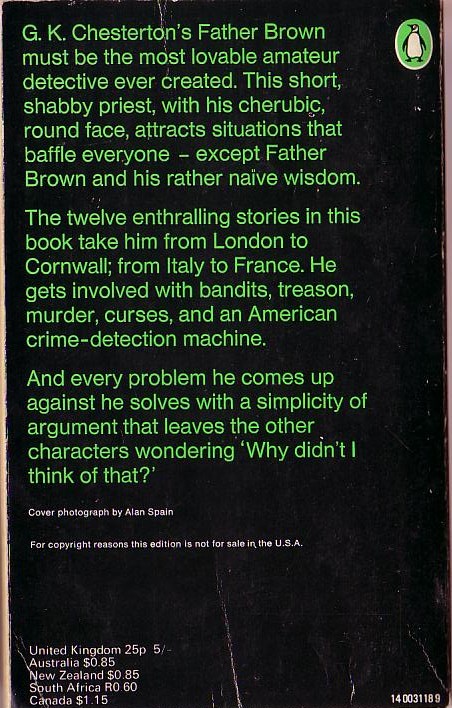 G.K. Chesterton  THE WISDOM OF FATHER BROWN magnified rear book cover image