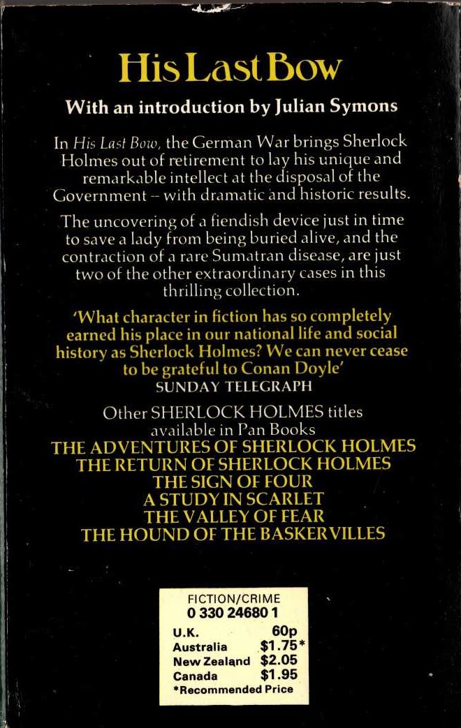 Sir Arthur Conan Doyle  HIS LAST BOW magnified rear book cover image