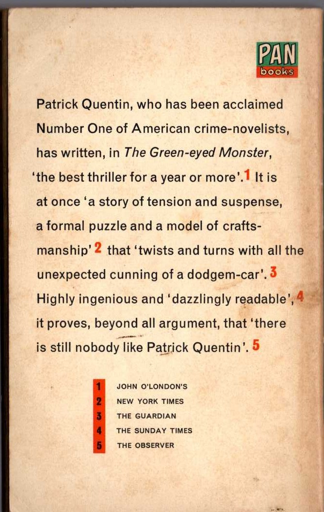 Patrick Quentin  THE GREEN-EYED MONSTER magnified rear book cover image