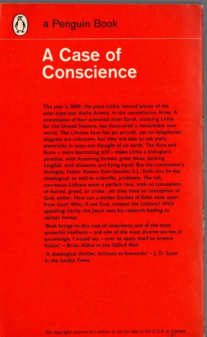 James Blish  A CASE OF CONSCIENCE magnified rear book cover image