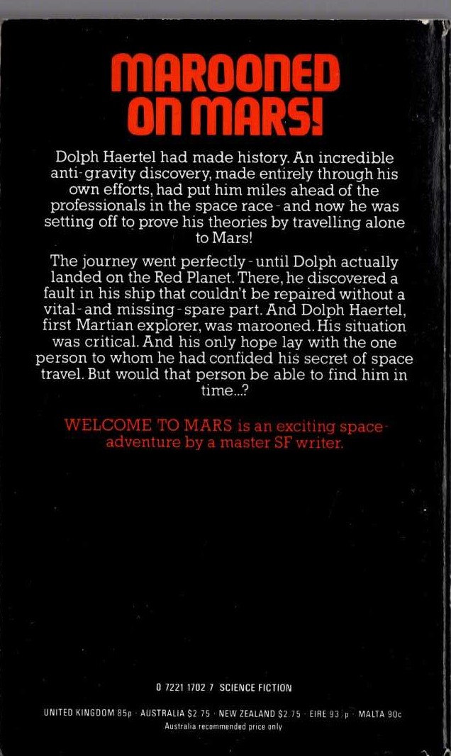 James Blish  WELCOME TO MARS magnified rear book cover image