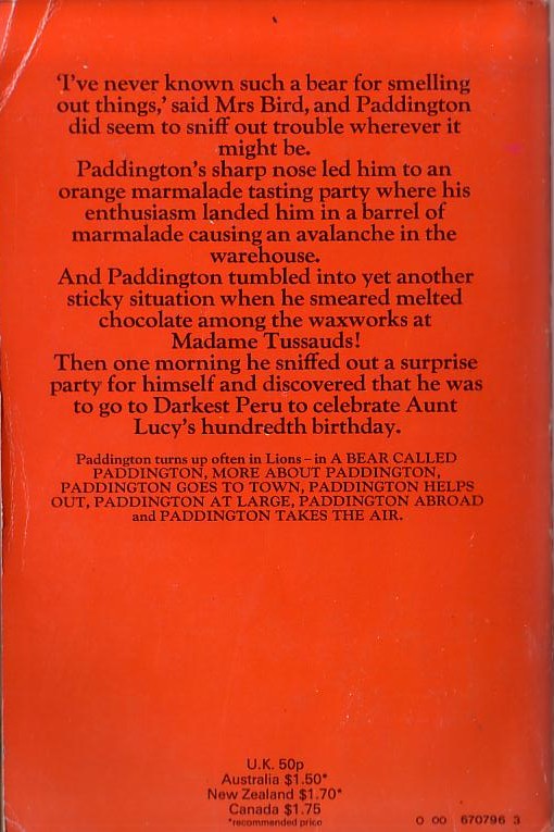 Michael Bond  PADDINGTON MARCHES ON magnified rear book cover image