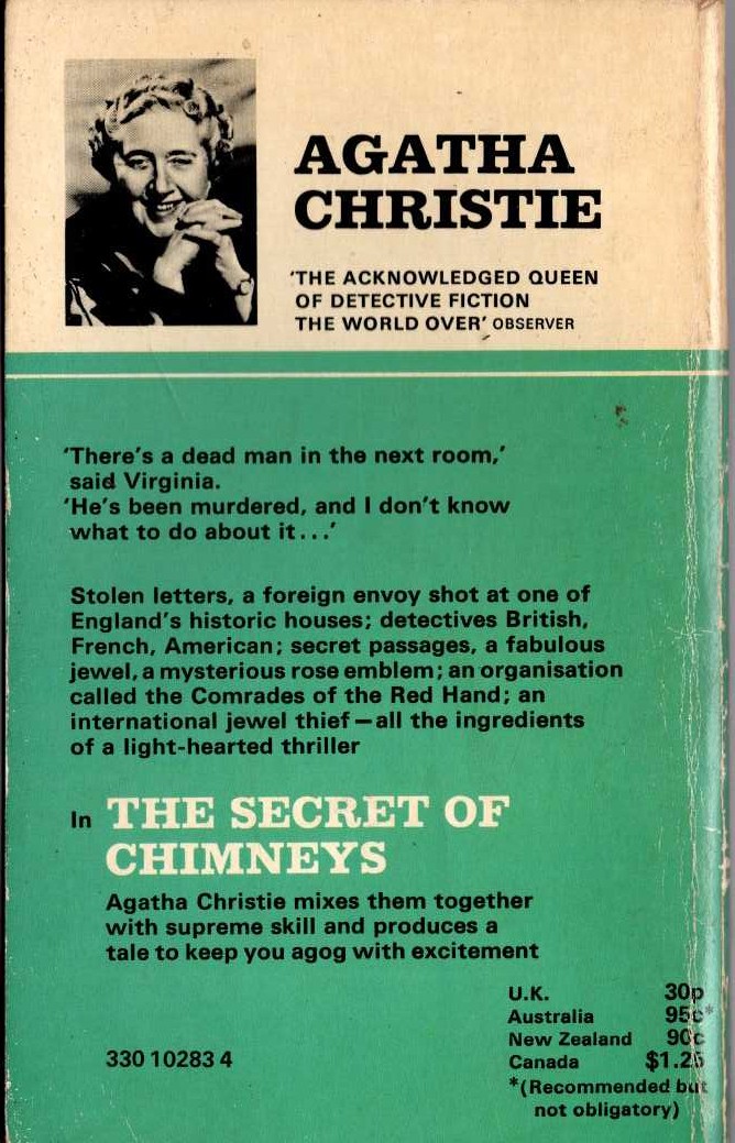 Agatha Christie  THE SECRET OF CHIMNEYS magnified rear book cover image