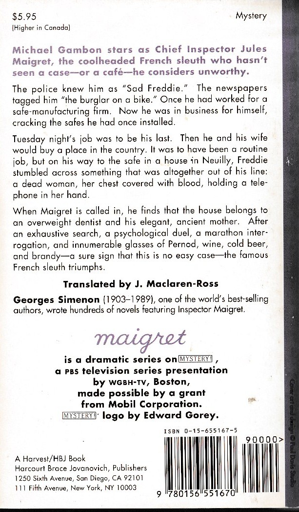 Georges Simenon  MAIGRET AND THE BURGLAR'S WIFE (TV tie-in) magnified rear book cover image